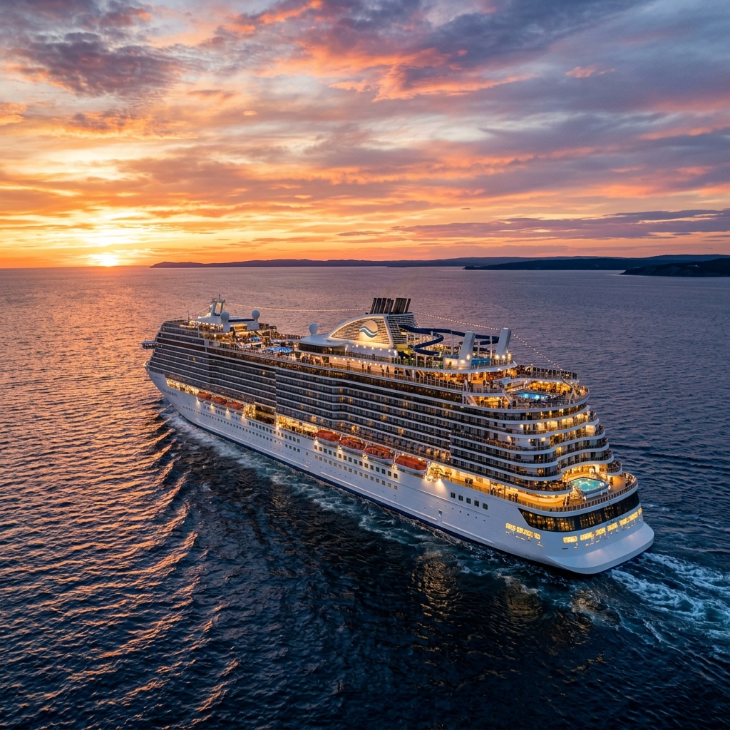 Luxury cruise ship at golden hour