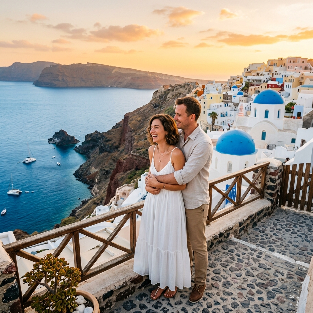 Couple enjoying romantic vacation in Santorini